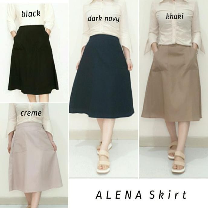 Rok Wanita Midi Skirt Katun Polos Model A Line Panjang 7/8, Alena