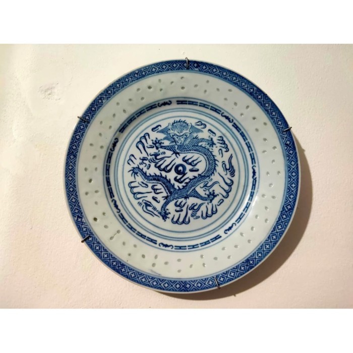 Keramik Pajangan Piring Motif Naga Biru Putih