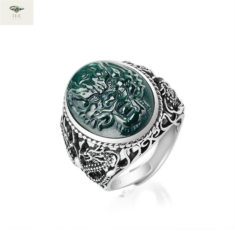 （Dengan Sertifikat）（ytucsydw3o）S925Silver Thai Bertatahkan Perak Hitam Alami JadeiteACincin Keran Gi