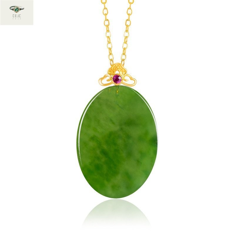 （Dengan Sertifikat）（ytucsydw3o）Barang Asli Liontin Keberuntungan Oval Jasper Alami Bahan Lama Hijau 