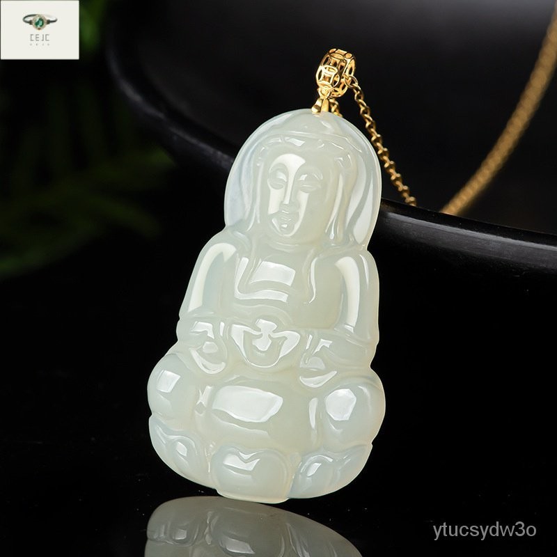 （Dengan Sertifikat）（ytucsydw3o）Patung Giok Putih Giok Hetian Material Tua Alami Liontin Guanyin Bara
