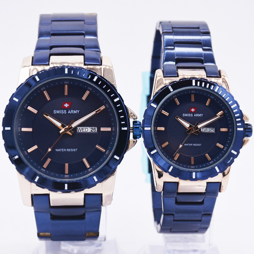 NEW COLLECION l Jam Tangan Couple Swiss Armi SA6610 Tali Rantai Body Bulat Tanggal Hari Aktif