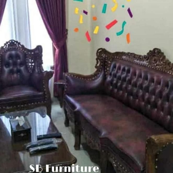 Sofa Tamu Modern Romawi Pot Tangan Kayu Kursi Jati Asli Jepara Maroon Derinalaa