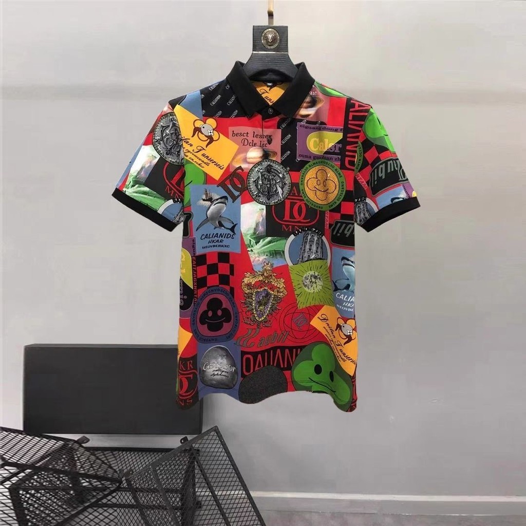 WarnaPoloKemeja Lengan Pendek Motif Kartun untuk Pria, Kemeja Atasan Bercetak Motif untuk Pria