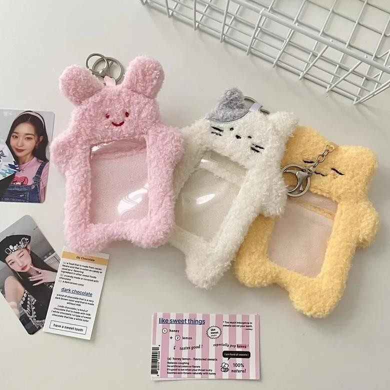 

Ox04 Cute Cat Rabbit Plush Photocard Holder Kpop Idol Photo Sleeve Protective Case Student ID Card Cover With Keychain Pendant Sale