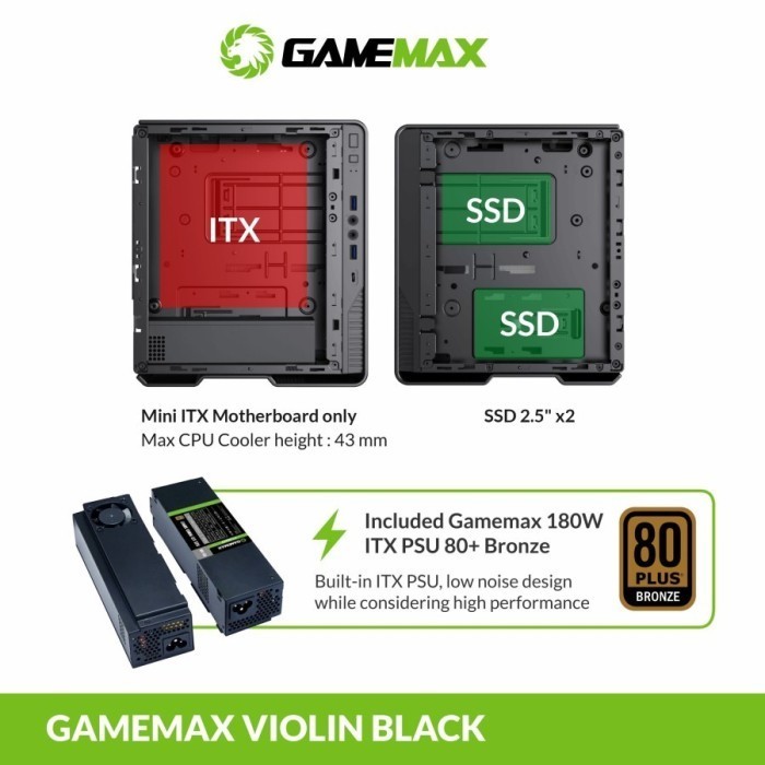 Gamemax Violin Silver Ultra Slim Mini-Itx Pc Case With Led Rainbow