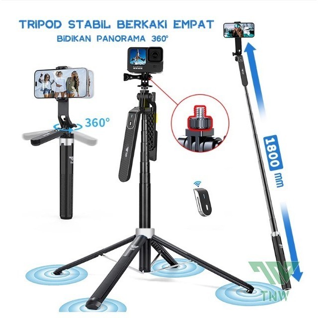 Terbaru Tnw P180 Tongsis Tripod 180Cm Bluetooth Selfie Stick Remot Hp Baut 1/4 Promo Terlaris