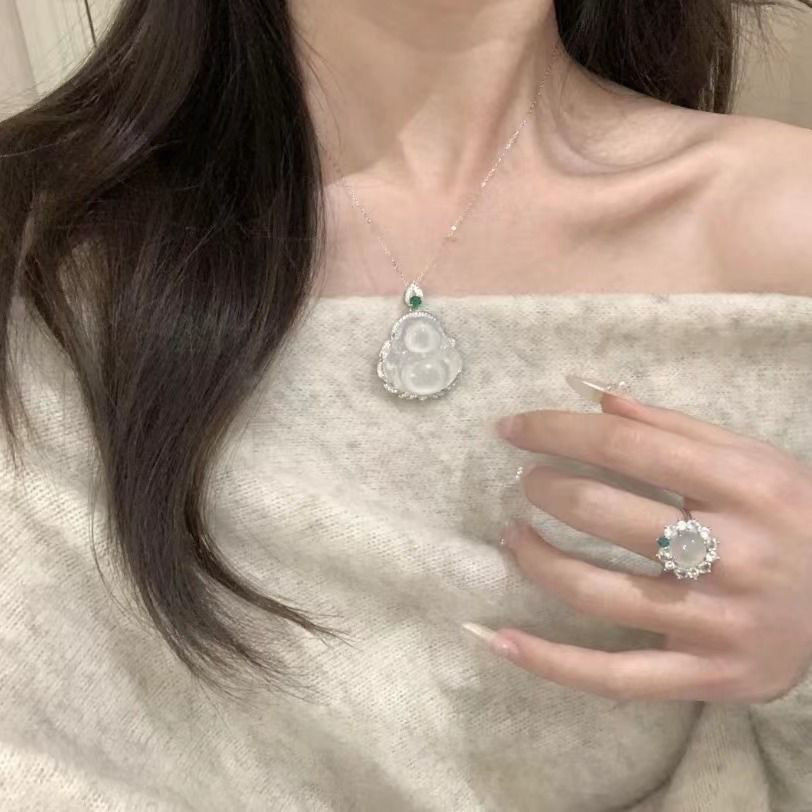 S925Sterling Silver Chalcedony Buddha Necklace Big Belly Maitreya Buddha Pendant Fashion Ornament