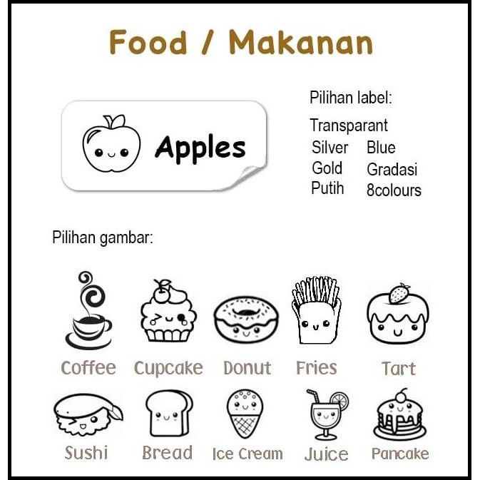 

DISKON FOOD MEDIUM LABEL NAMA WATERPROOF. NAME STICKERS CUTE CLIPART KAWAII !!!!!!