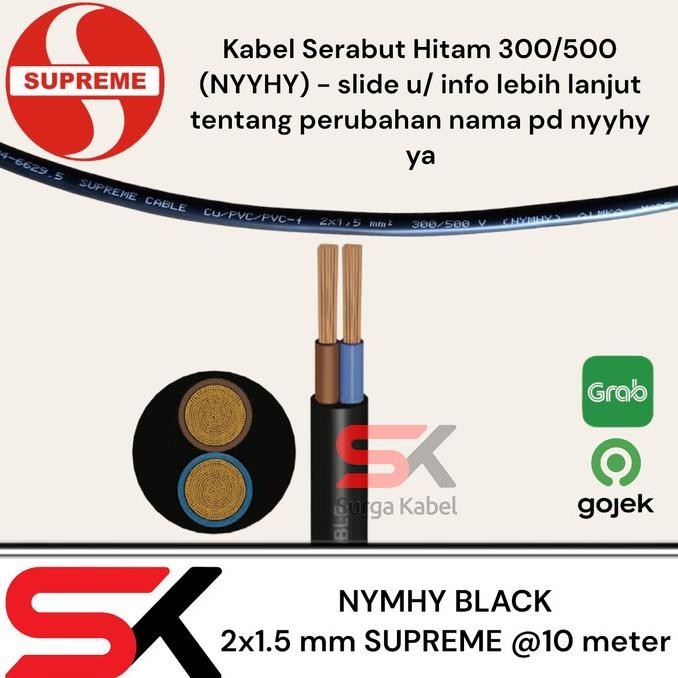 

Nyyhy 2X1.5 Mm/ Nymhy Black 2 X 1.5 Mm/ Kabel Serabut Supreme @10 Mete Kualitas Premium
