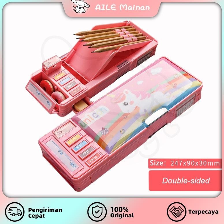 

Kotak Pensil Multifungsi Motif Unicorn /Kotak Pensil Anak Sekolah Pola Kartun Lapisan Ganda Tunggal dengan Rautan Multifungsi