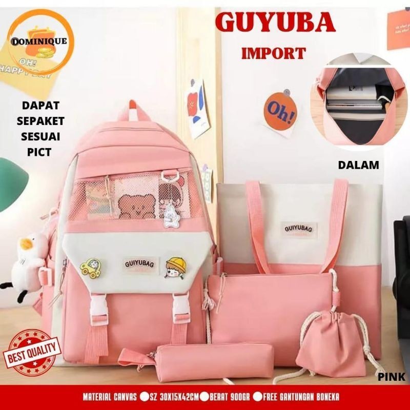 TAS 5 IN 1 TAS GENDONG TAS RANSEL IMPORT TOTE BAG PEREMPUAN BAHAN KANVAS FREE GANTUNGAN BONEKA GUYUB