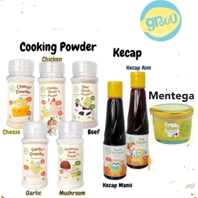 

GROUU Cooking powder- 6+month (kaldu ayam, kaldu sapi, kaldu jamur, kecap asin/manis, garlic, mentega)