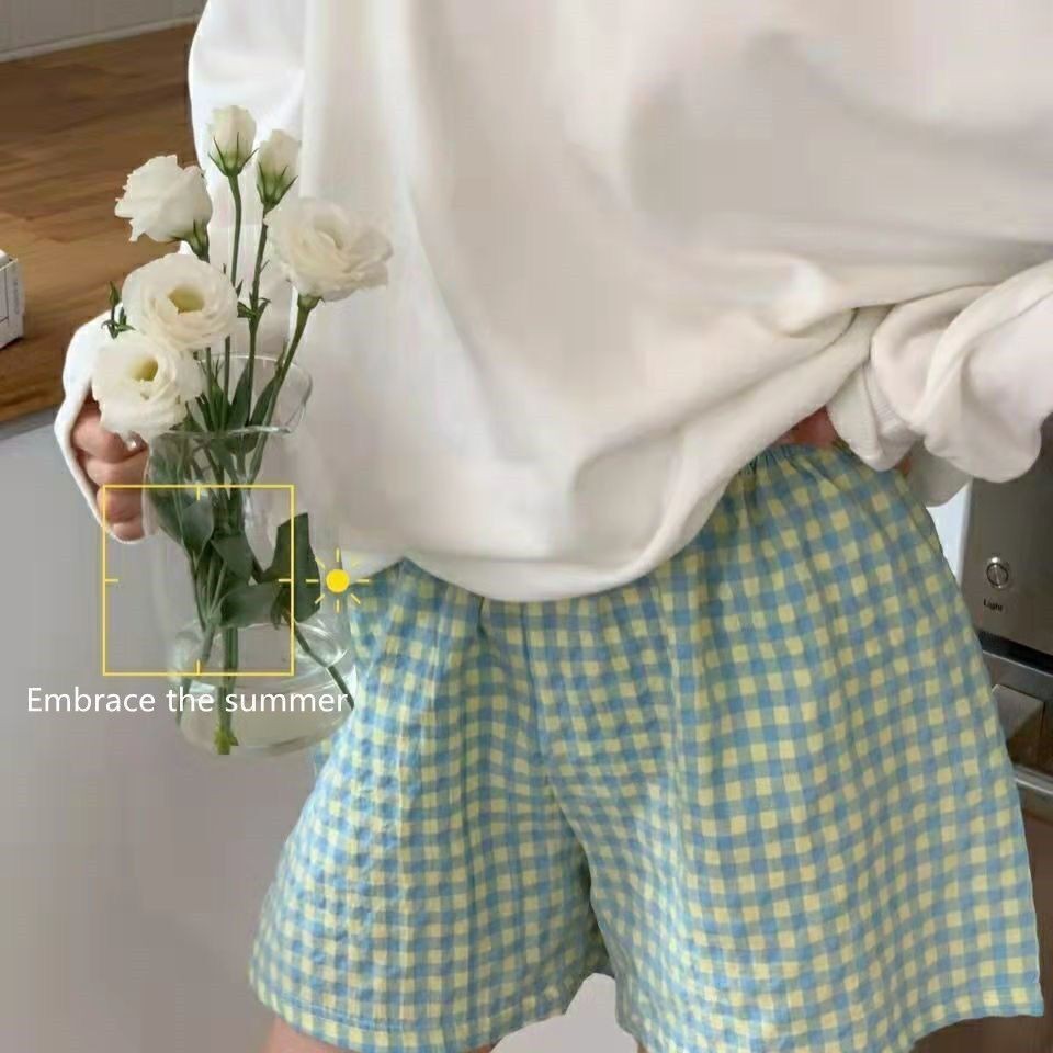 Home Pants Plaid Floral Korean Style Baggy Pajama Pants Women's Shorts Cropped Pants Large Trunks An
