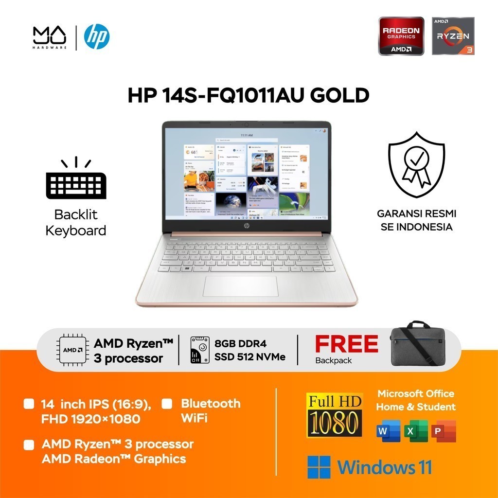 Laptop HP 14S FQ1011AU AMD Ryzen 3 5300U 8GB SSD 512GB Gold Garansi Resmi