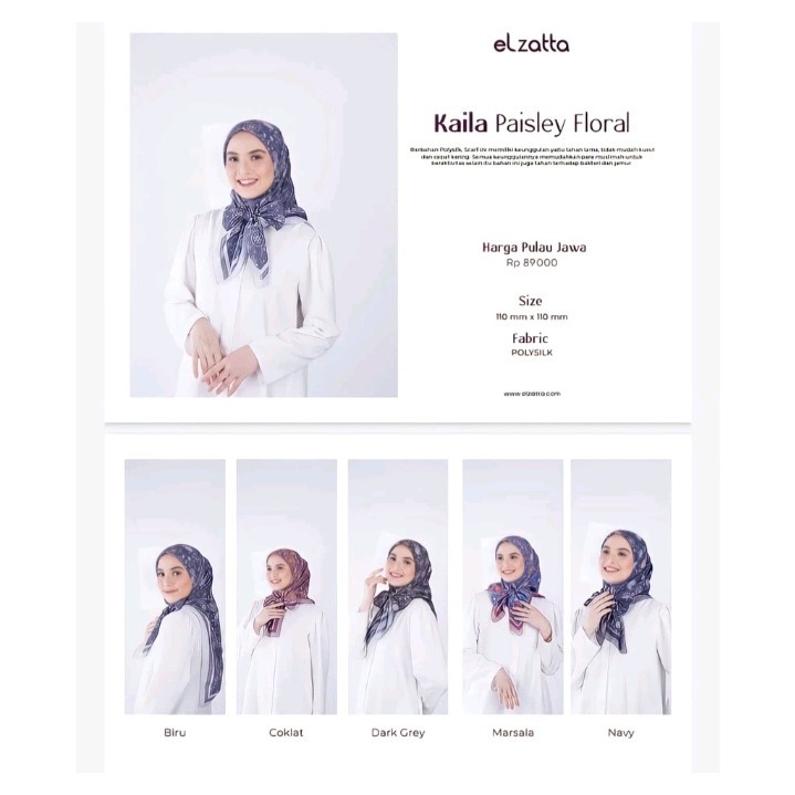 Elzatta Segi Empat Full Motif Kerudung Hijab Jilbab Kaila Paisley Floral Biru