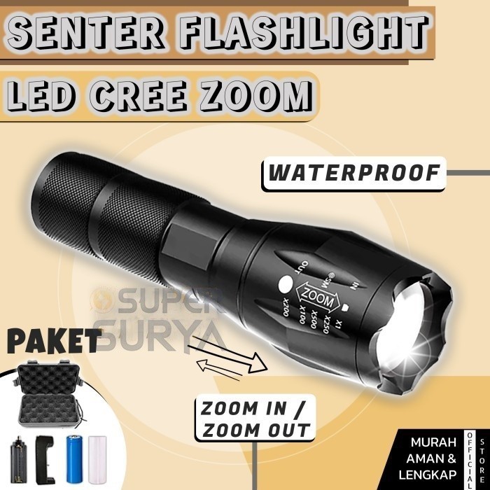 Senter Terang Waterproof Led Tactical Anti Air Lampu Swat Zoom Free Charger