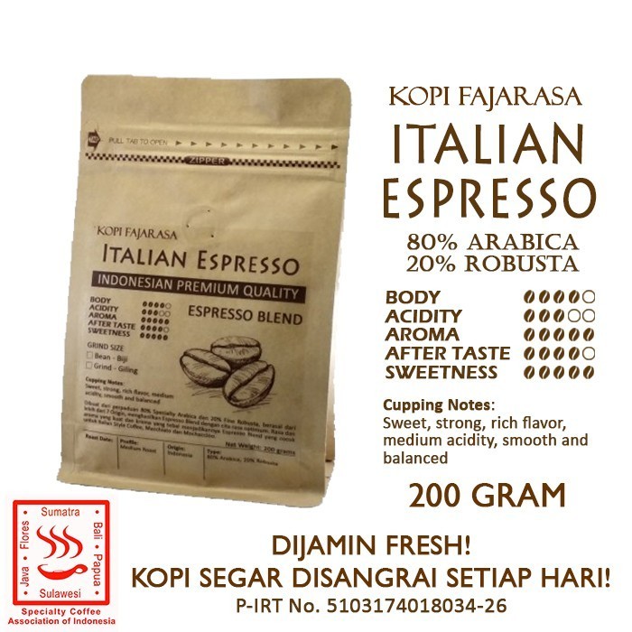 

Kopi Fajarasa Italian Espresso Biji Kopi Espresso Blend 200 Gram