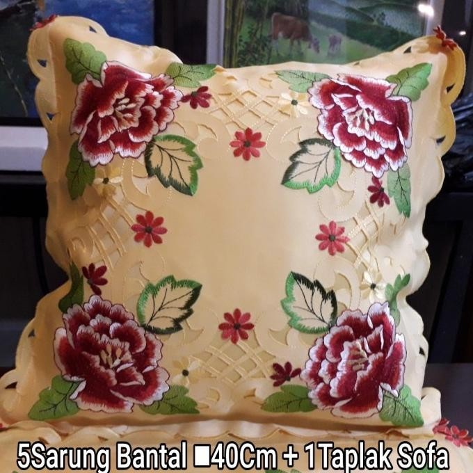 Sarung Bantal Kursi Import,Kuning Bordir Bunga Mawar + 1Taplak Tamu .