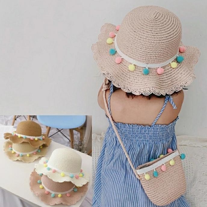 Topi Pantai Anak + Tas Jerami Rajut Korea Import 1 Set / Straw Hat