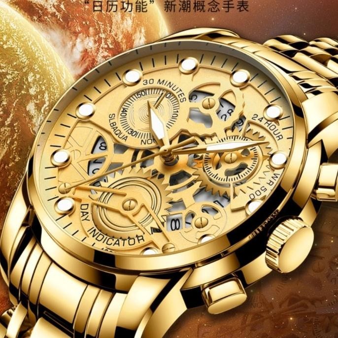 JAM TANGAN PRIA GOLD PREMIUM GLOW IN THE DARK IMPORT MURAH FNGEEN