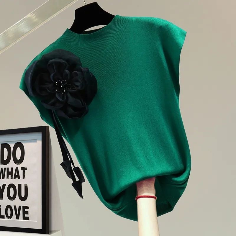 Exquisite Flowers SleevelessTShirt All-Matching Ice Silk Sweater Women