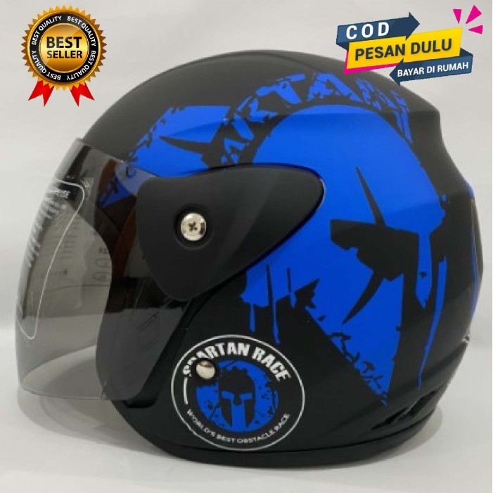 Helm Motor Half Face Evolution Spartan Blue Doff Original Motif Gm