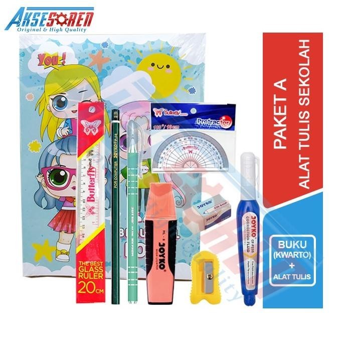 

Paket Alat Tulis Sekolah Anak [ TK / SD / SMP / SMA ] / 1 Set Alat Tulis Sekolah / Perlengkapan Alat Tulis Buku 58 Lembar / Buku Tulis 38 Rautan Pensil P-88 Pulpen Jel JK-100NT Penghapus Kecil Tipe X Highlighter Joyko