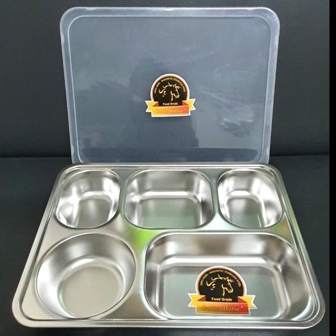 :<:<:<:<] Plato / Food Tray / Tempat Makan Sekat 5 STAINLESS + Tutup Plastik