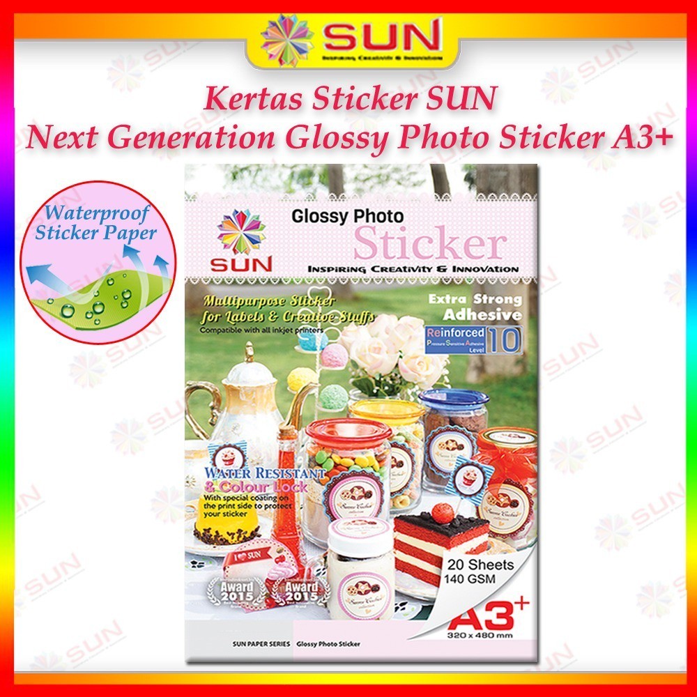 

PROMO !!! Kertas Sticker A3+/A3 - SUN NG Glossy Photo Sticker 140 Gsm, Foto Glossy Sticker ( Support