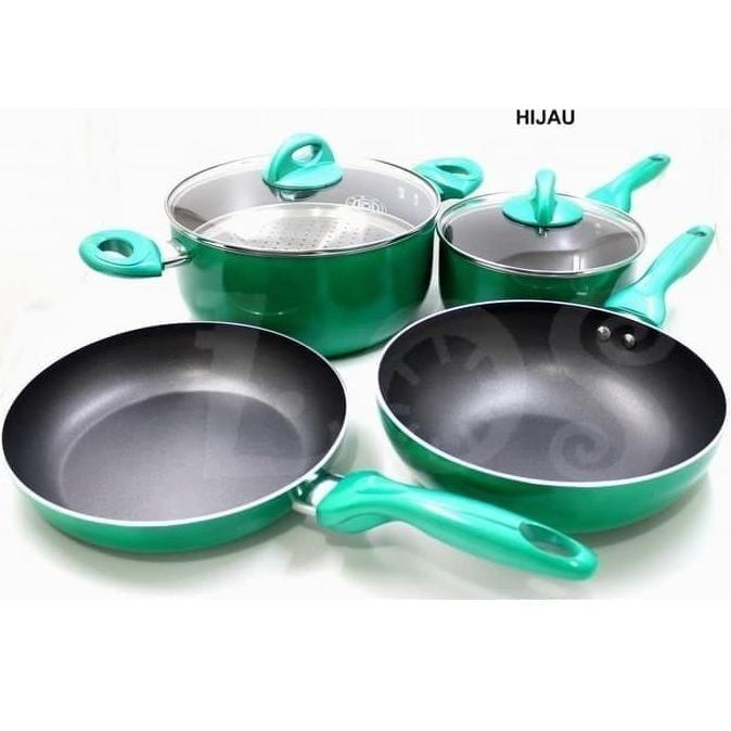 [Ready Stock] Hijau - Supra Rosemary Set 7 Pcs Cookware Panci Supra Set Wajan Supra