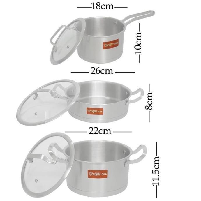 [Ready Stock] White Tiger 555 Wajan&Panci Masak Set 3 Buah Stainless Suite Pot Ros