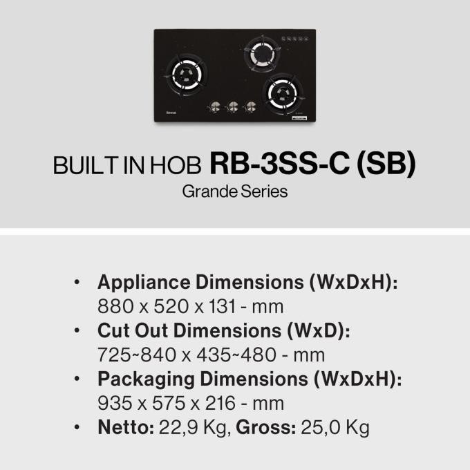 [New] Rinnai Rb-3Ss-C (Sb) Kompor Tanam Gas Built In Hob Rb3Sscsb