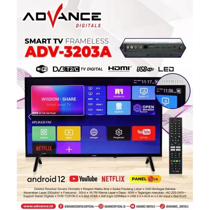 [Garansi] Adv 3203A Panel Lg /Adv 3202A Televisi 32 Inch Smart Tv Led Tv Android + Free Bracket