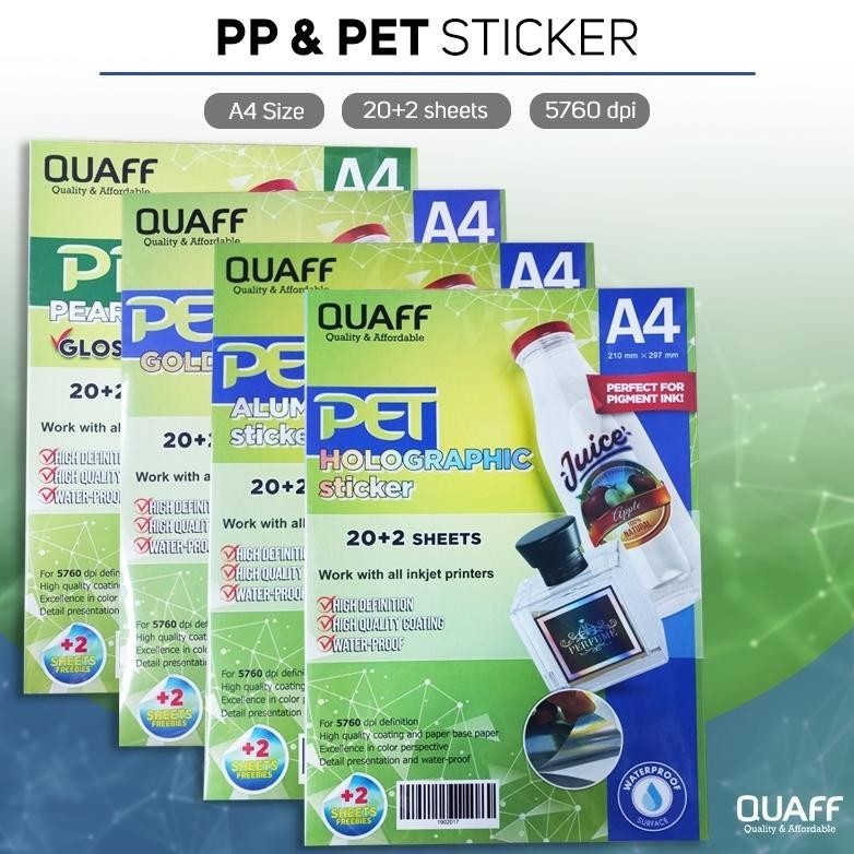 

TGH Quaff Kertas Stiker Vinyl Inkjet Anti Air A4 Size 22 Sheets Per Pack PET Holographic / PET Gold / PP Pearl(Glossy) / PP Matte / Glossy Sticker TERLARIS