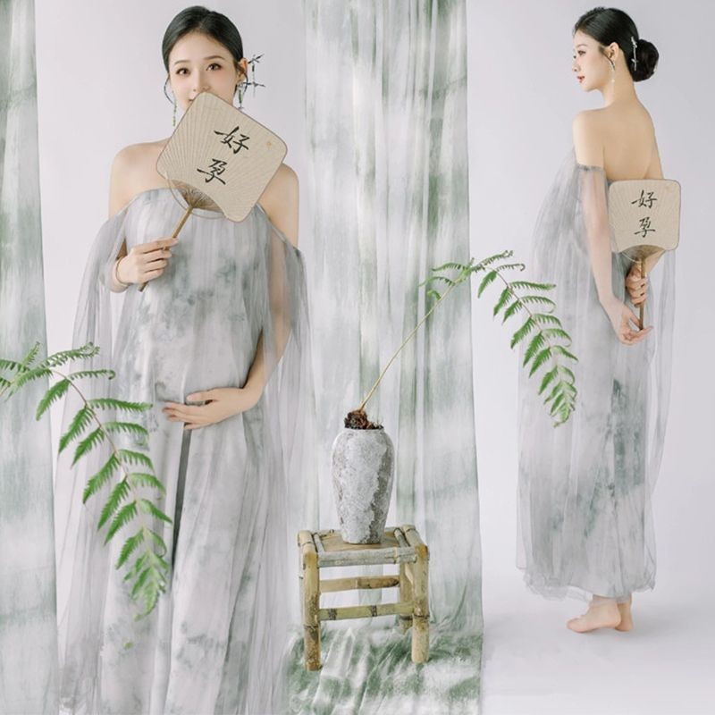 Kostum Wanita Hamil Gaya Cina Baru Baju Hamil Lukisan Tinta Gaun Atasan Tabung Baju Album Foto Mode 