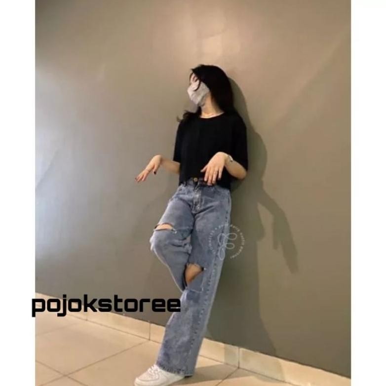 Shana Hight Waist Kulot Jeans Sobek Boyfriend Kekinian Tebraru Celana Kulot Jeans Wanita Sobek Lutut