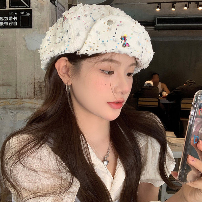 Gaya Jepangy2kTopi Baret Awan Putih Wanita, Baret Retro Tampak Wajah Kecil Payet Oktagonal