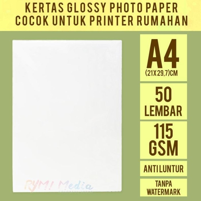 

KERTAS FOTO GLOSSY 115 GSM A4 ISI 50 / PHOTO PAPER TIPIS SINGLE