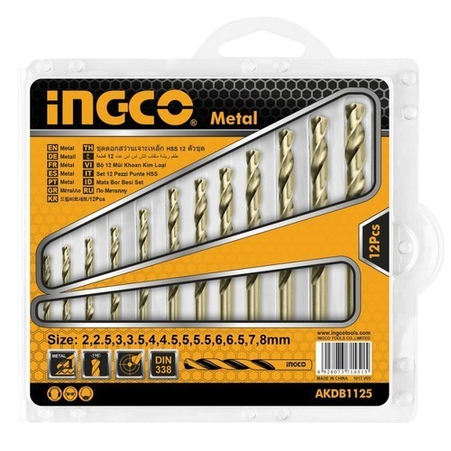 Ingco 12Pcs HSS Twist Drill Bits 2-8 mm AKDB1125 / Ingco AKDB1125 Mata Bor Besi Logam 12Pcs