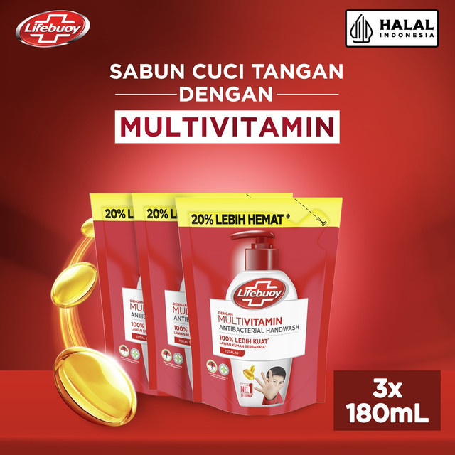 Lifebuoy Handwash Liquid Total 10 180Ml - Sabun Cuci Tangan Cair Anti Bakteri Refill x3