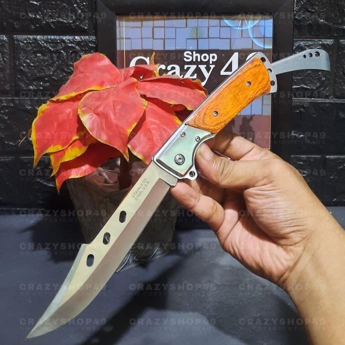 Pisau Lipat Usa Motif Kayu 7089 / Pisau Berburu / Survival Kit