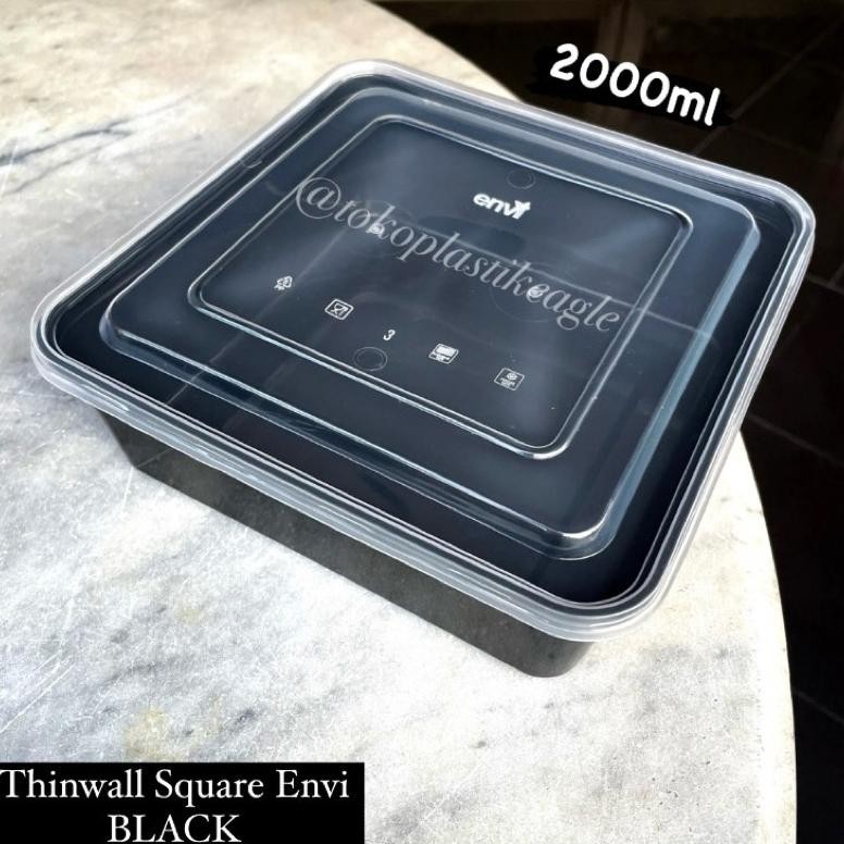 (PROMO BULANAN) [isi 25pcs] Thinwall Square ENVI Black 2000ml / Kotak Makan ENVI Hitam 2000ml