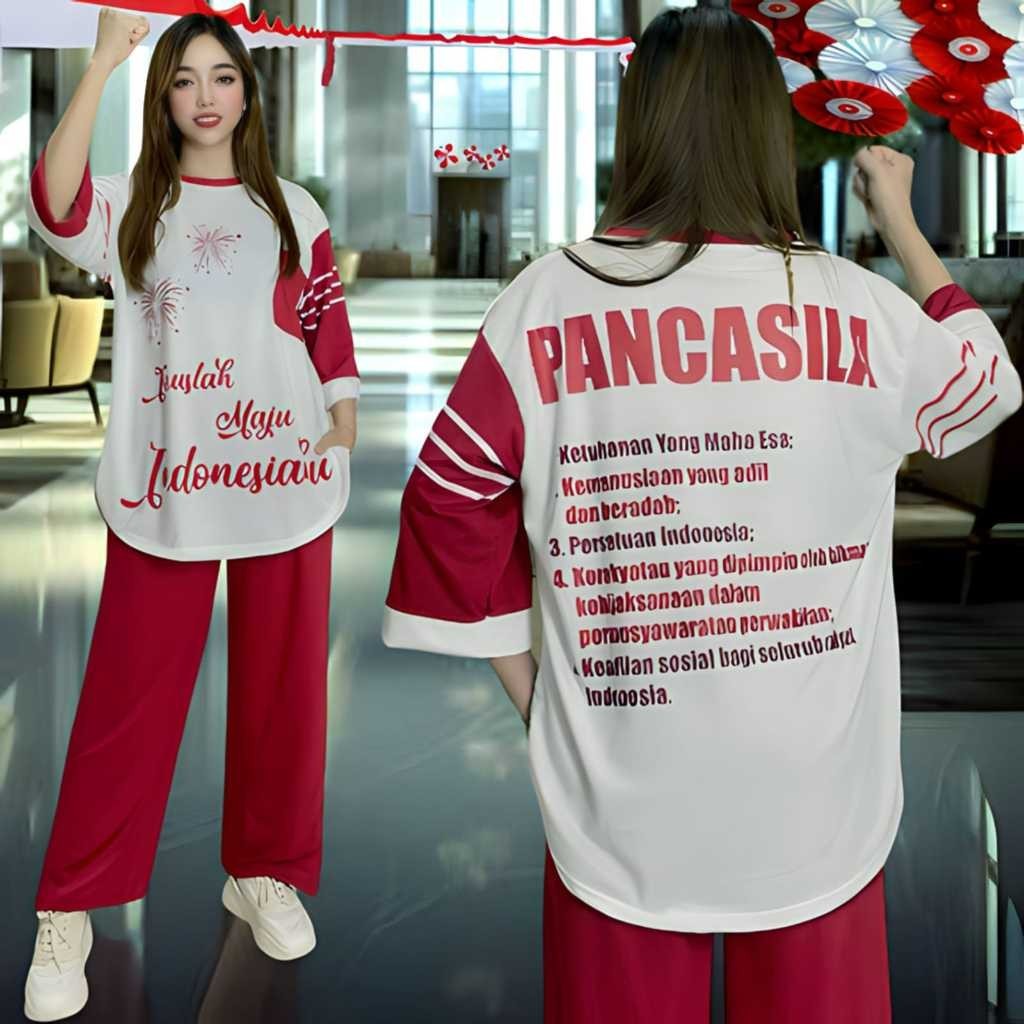 Setelan Merah Putih Wanita Dewasa Oneset Kemerdekaan Set Baju Hut Ri 79 Kaos Dirgahayu Indonesia Len
