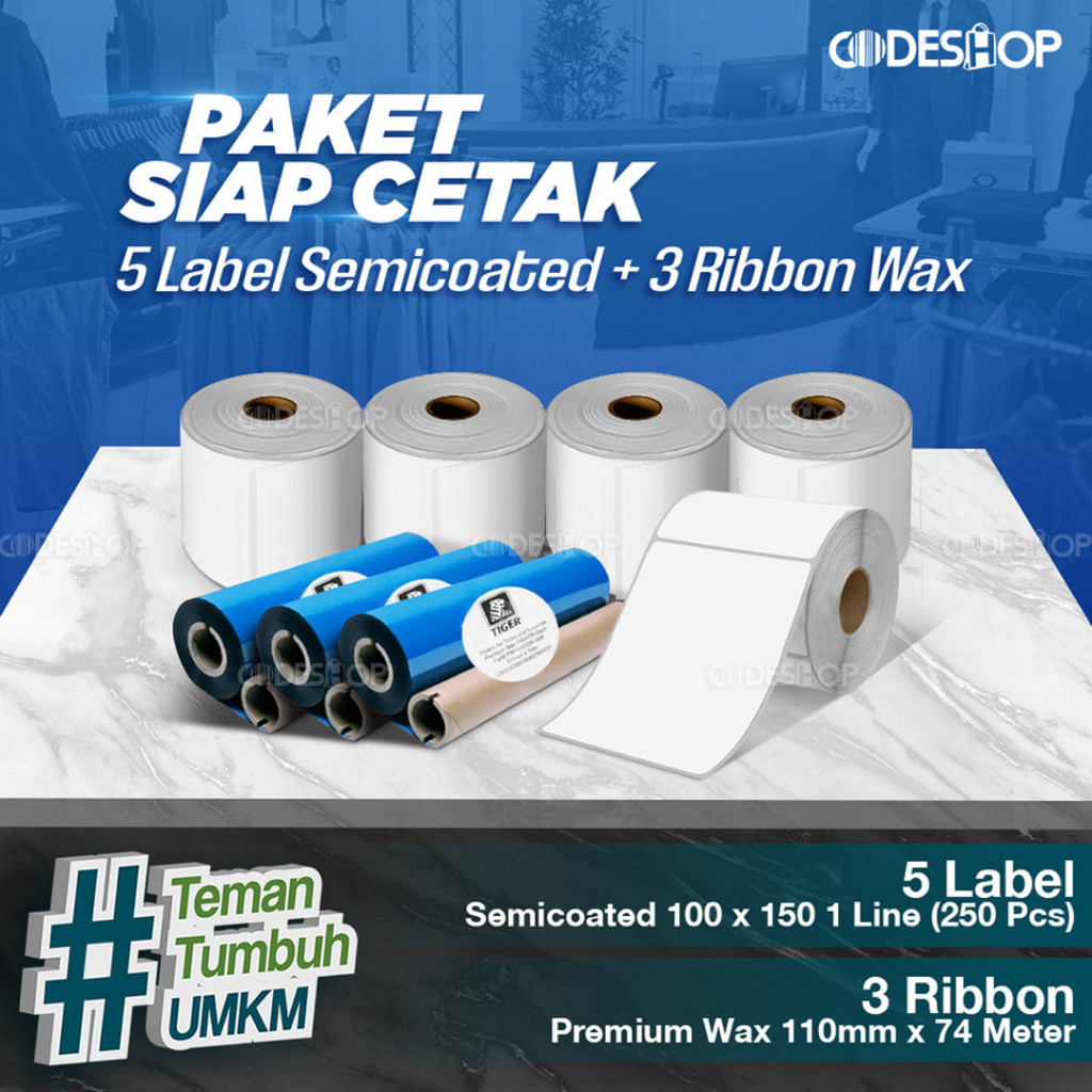 

Paket Sticker Label Siap Cetak | 5 Label Semicoated 100x150 & 3 Ribbon Premium Wax 110x74 M