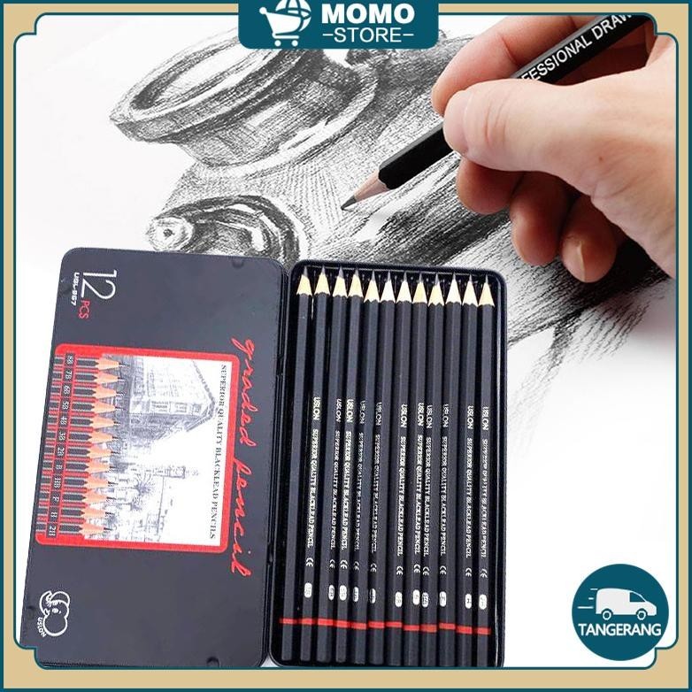 

sd-46 12 Pcs Charcoal Sketch Pencil Set 2H H F B HB 2B 3B 4B 5B 6B 7B 8B Pensil Sketsa Set Lengkap Premium