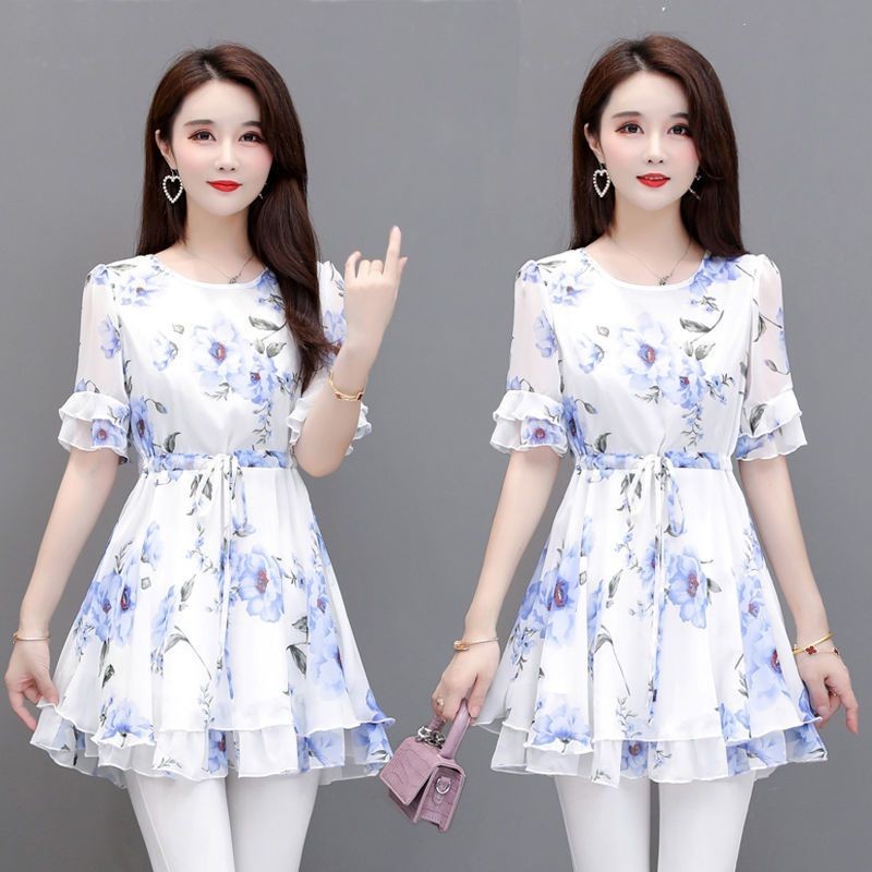 Summer New Loose Version Belly-Covering Mid-Length Slimming Chiffon Shirt for Women