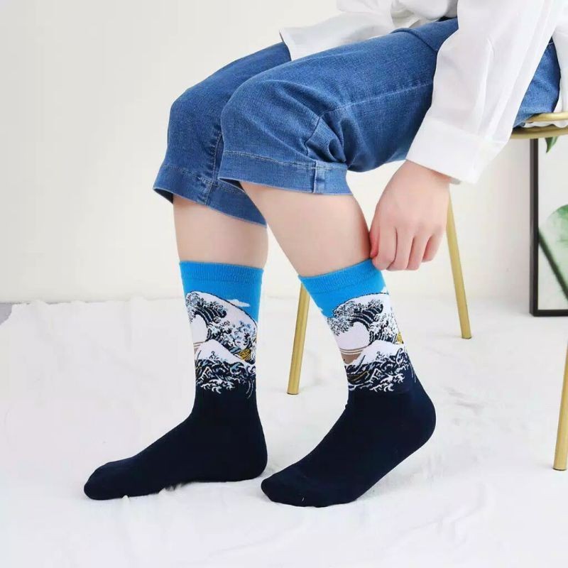 Kaos Kaki motif lukisan jepang ombak kanagawa