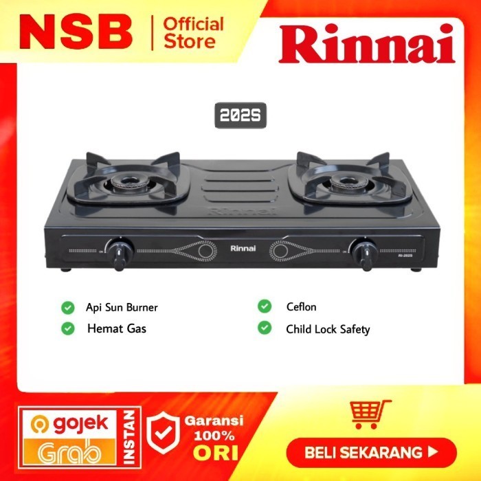 RINNAI KOMPOR GAS 2 TUNGKU RI 202S TEFLON STAINLESS STENLIS