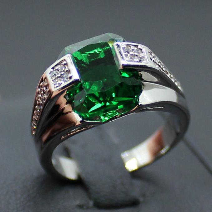 Cincin Pria Deluxe Perak 925 Silver Square Green Emerald Langsung Proses